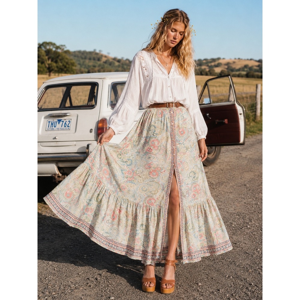 Vintage Paisley Maxi Skirt Womens Free Size Blue Pink Button Front Boho Slit - Picture 1 of 9